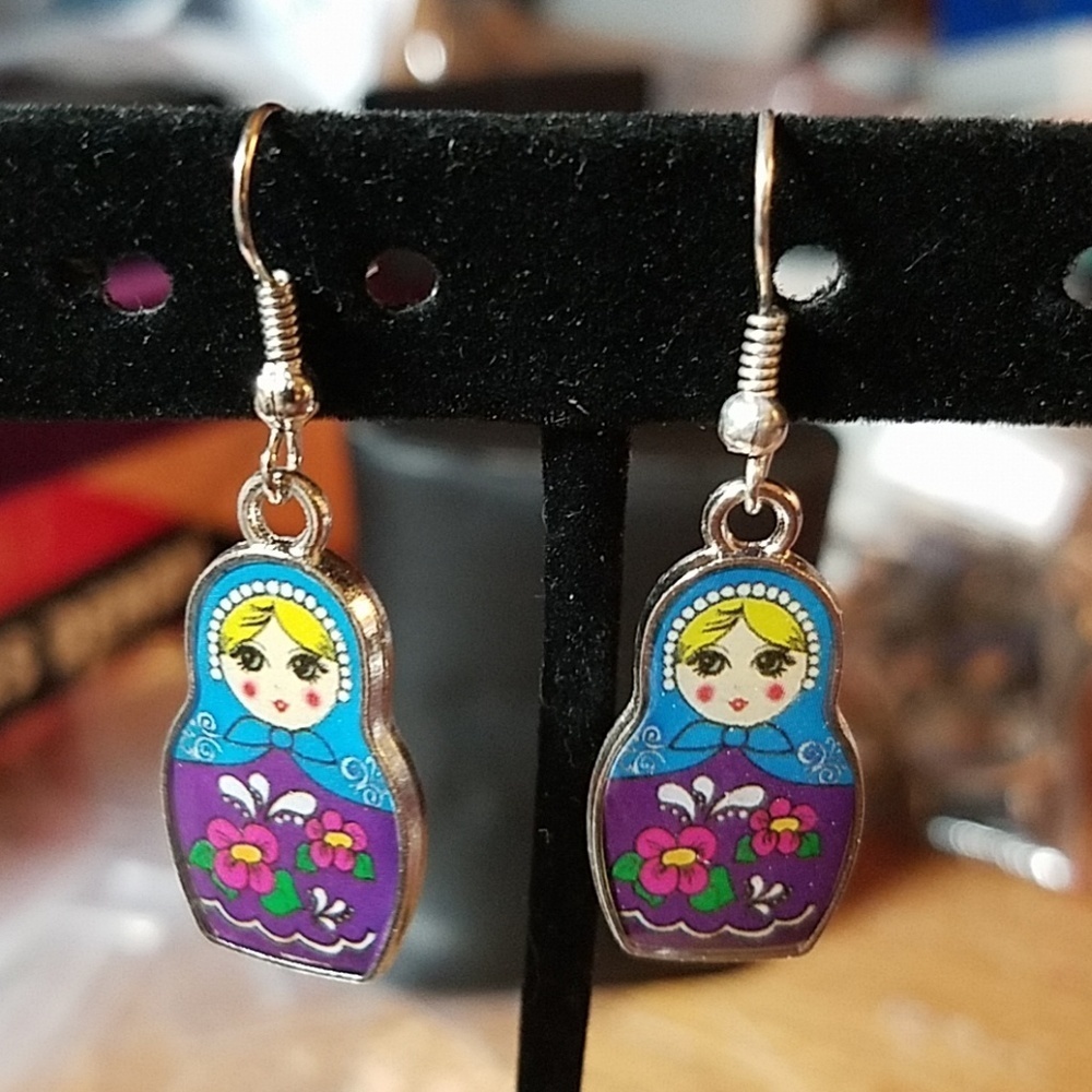 Nesting Doll Flower Earring Purple & Teal 0.5"